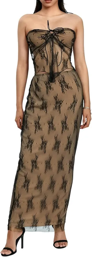 Women Sexy 2 Piece Outfits Sleeveless Strapless Tube Tops Fishtail Maxi Skirts Suits Y2K Long Skirt Sets Streetwear