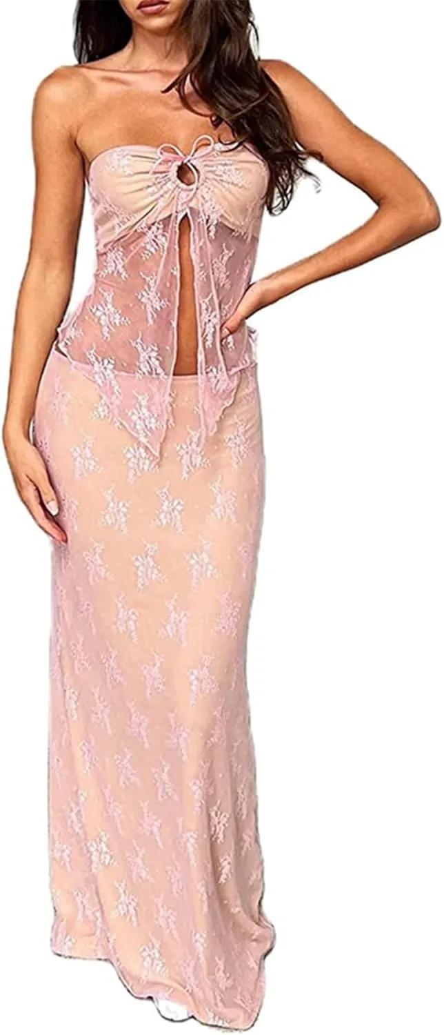 Women Sexy 2 Piece Outfits Sleeveless Strapless Tube Tops Fishtail Maxi Skirts Suits Y2K Long Skirt Sets Streetwear