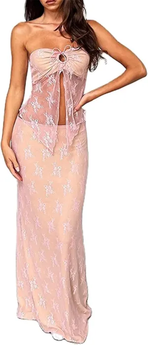 Women Sexy 2 Piece Outfits Sleeveless Strapless Tube Tops Fishtail Maxi Skirts Suits Y2K Long Skirt Sets Streetwear