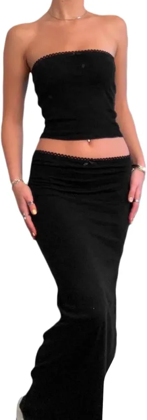 Women Sexy 2 Piece Outfits Sleeveless Strapless Tube Tops Fishtail Maxi Skirts Suits Y2K Long Skirt Sets Streetwear