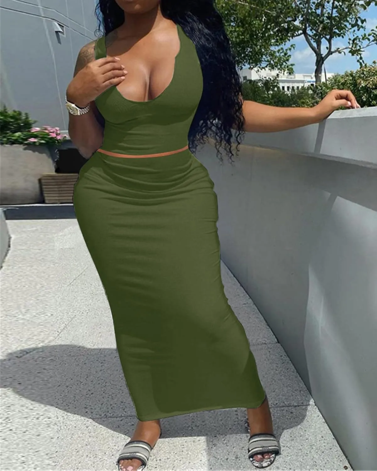 Women Sexy Two Piece Skirt Outfits Long Sleeve/Sleeveless V Neck Bodycon Ribbed Knitted Maxi Club Party Dress