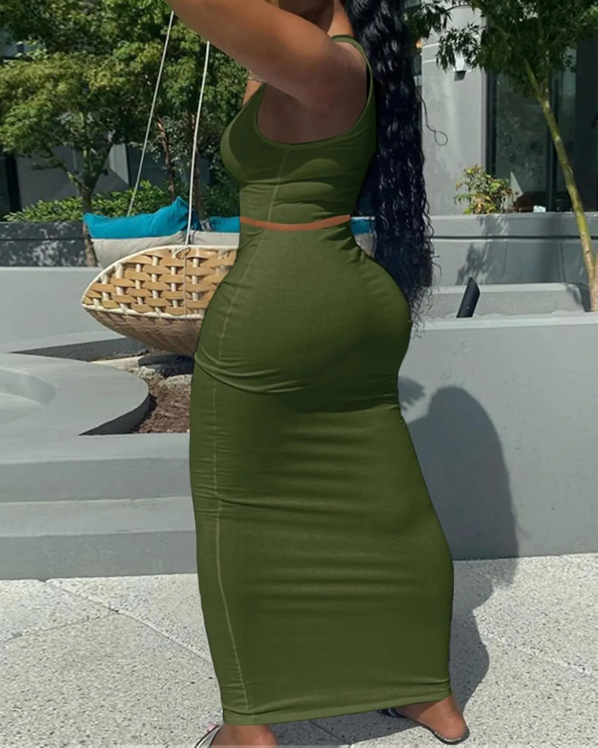 Women Sexy Two Piece Skirt Outfits Long Sleeve/Sleeveless V Neck Bodycon Ribbed Knitted Maxi Club Party Dress