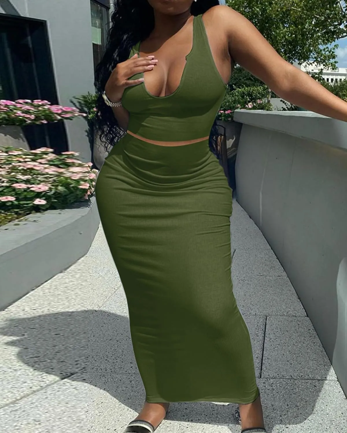 Women Sexy Two Piece Skirt Outfits Long Sleeve/Sleeveless V Neck Bodycon Ribbed Knitted Maxi Club Party Dress