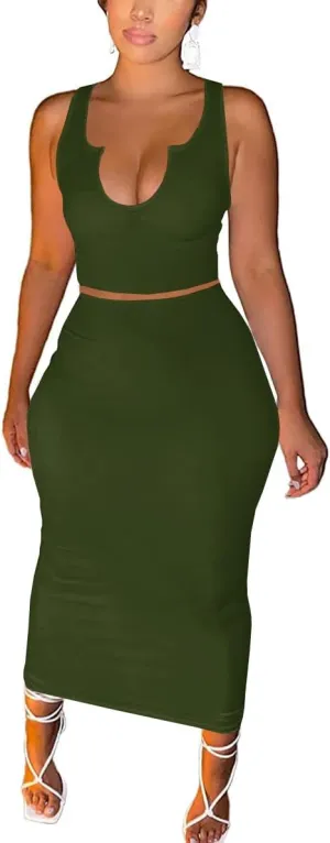 Women Sexy Two Piece Skirt Outfits Long Sleeve/Sleeveless V Neck Bodycon Ribbed Knitted Maxi Club Party Dress