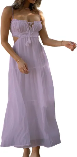 Women Spaghetti Strap Halter Neck Low Cut Dress Backless Long Maxi Flowy Pleated Dress Beach Sundress