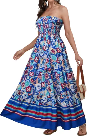 Women Strapless A Line Maxi Dress Tube Top Backless Casual Summer Dress