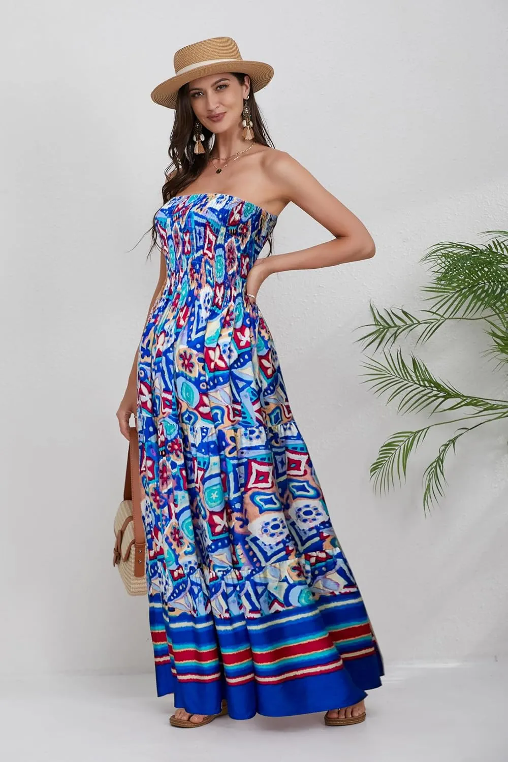 Women Strapless A Line Maxi Dress Tube Top Backless Casual Summer Dress