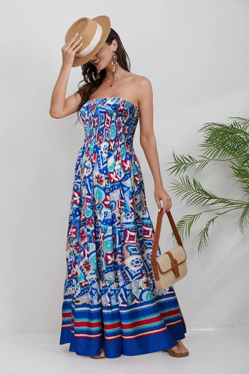 Women Strapless A Line Maxi Dress Tube Top Backless Casual Summer Dress