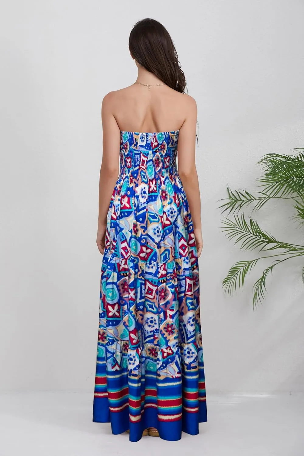 Women Strapless A Line Maxi Dress Tube Top Backless Casual Summer Dress