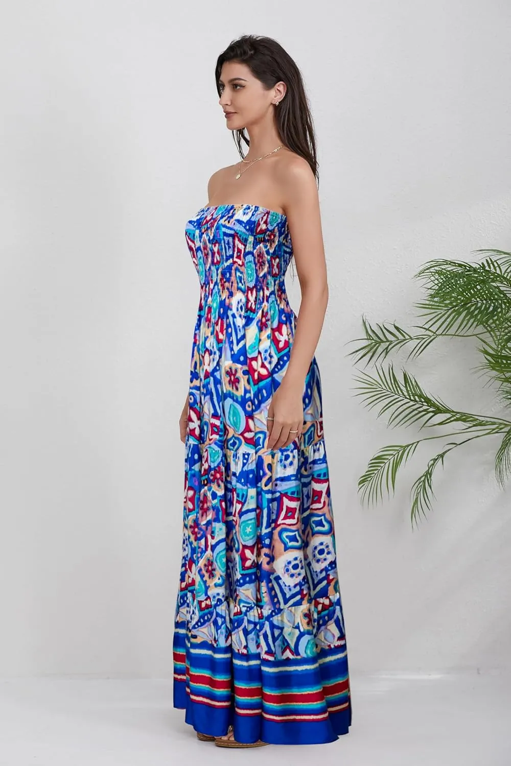 Women Strapless A Line Maxi Dress Tube Top Backless Casual Summer Dress