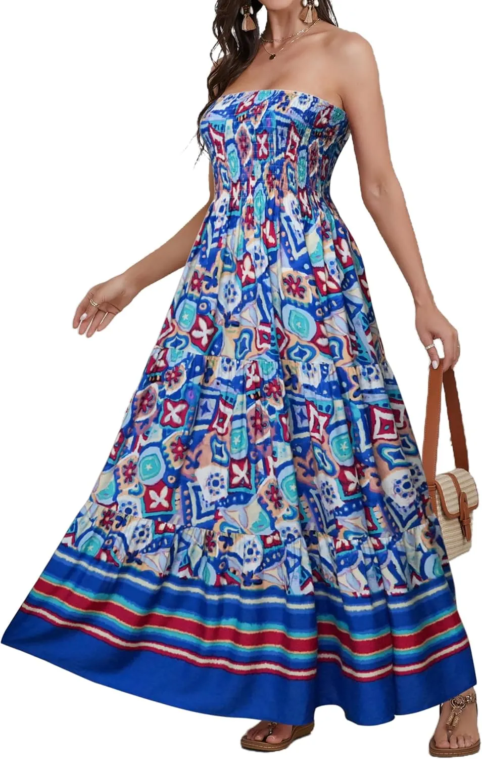 Women Strapless A Line Maxi Dress Tube Top Backless Casual Summer Dress