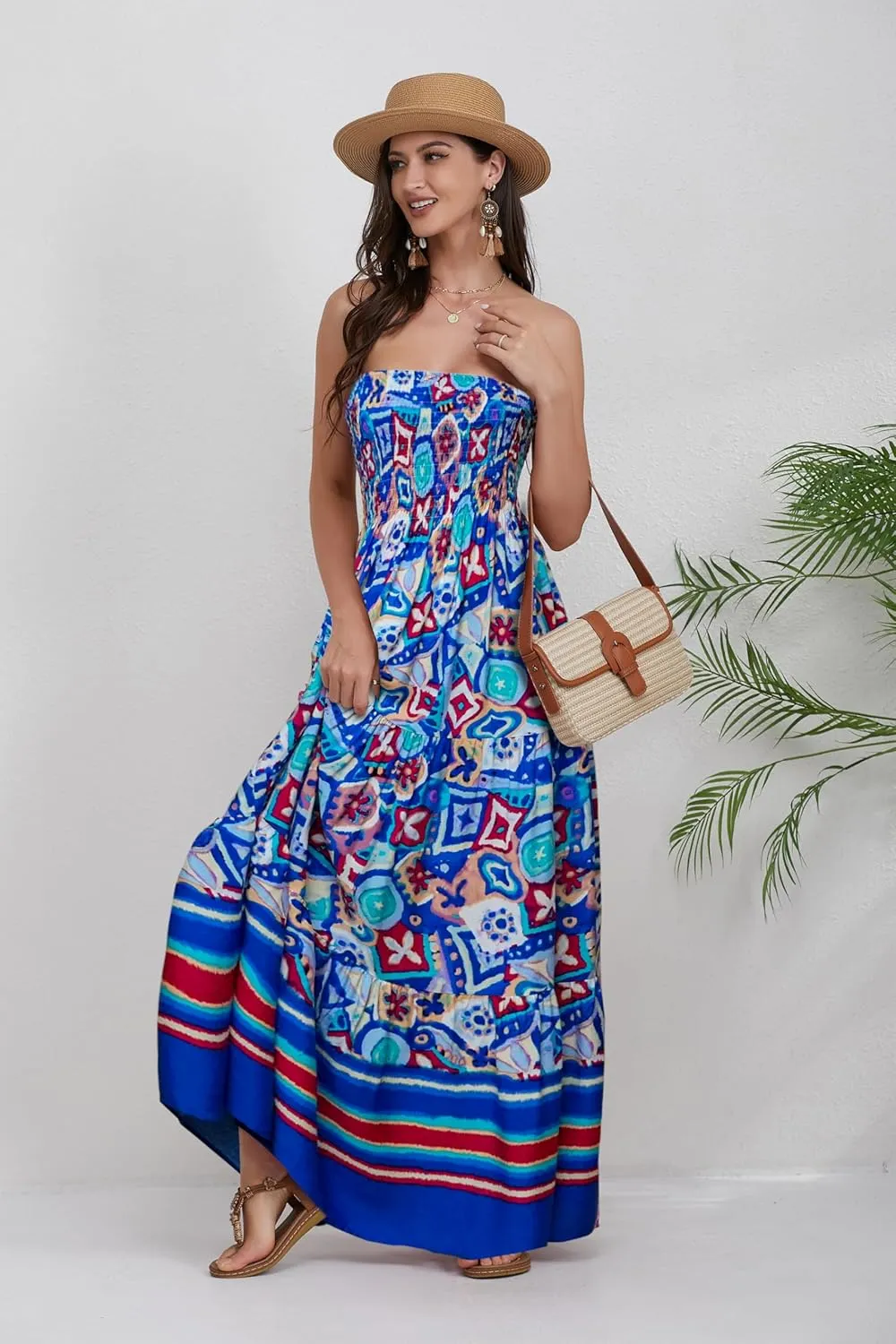 Women Strapless A Line Maxi Dress Tube Top Backless Casual Summer Dress