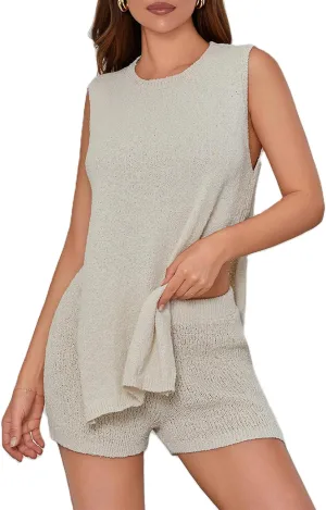 Women Summer Knitted Sweater Set 2 Piece Casual Lounge Set Sleeveless Split Tank Top Shorts Outfits Pajamas Set