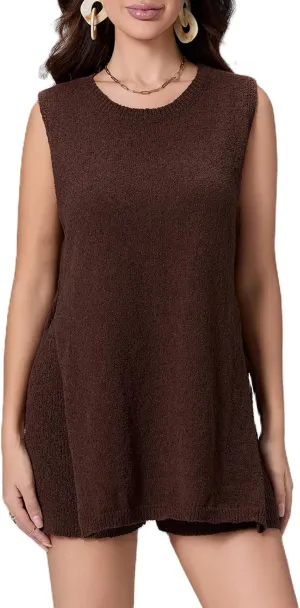 Women Summer Knitted Sweater Set 2 Piece Casual Lounge Set Sleeveless Split Tank Top Shorts Outfits Pajamas Set