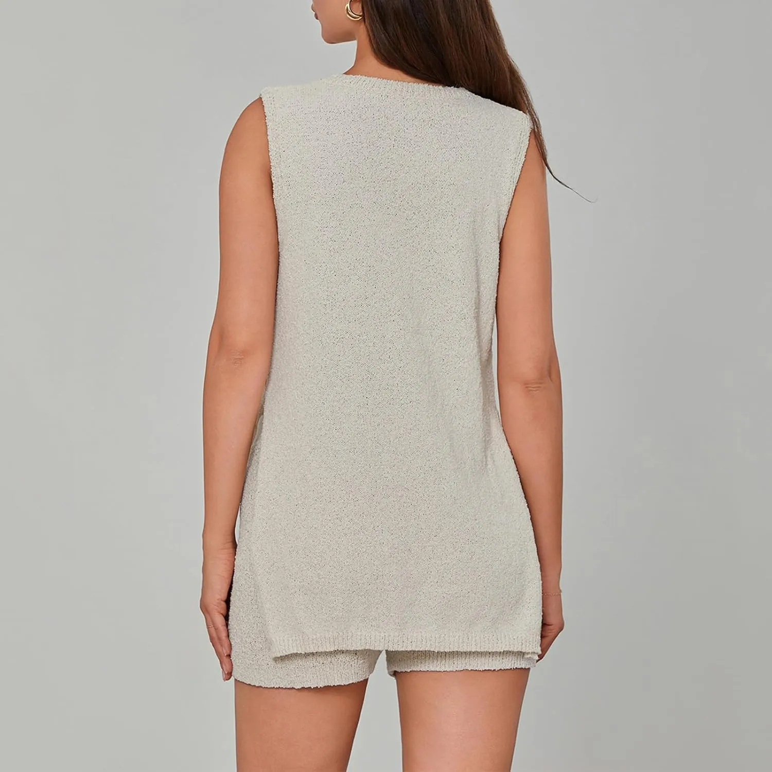 Women Summer Knitted Sweater Set 2 Piece Casual Lounge Set Sleeveless Split Tank Top Shorts Outfits Pajamas Set