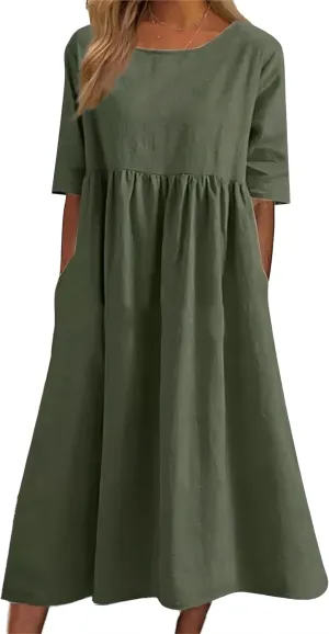 Women Summer Maxi Dress 2024 Casual Comfy Cotton Beach Dress Loose Crew Neck Half Sleeve Sundress with Pockets Army Green