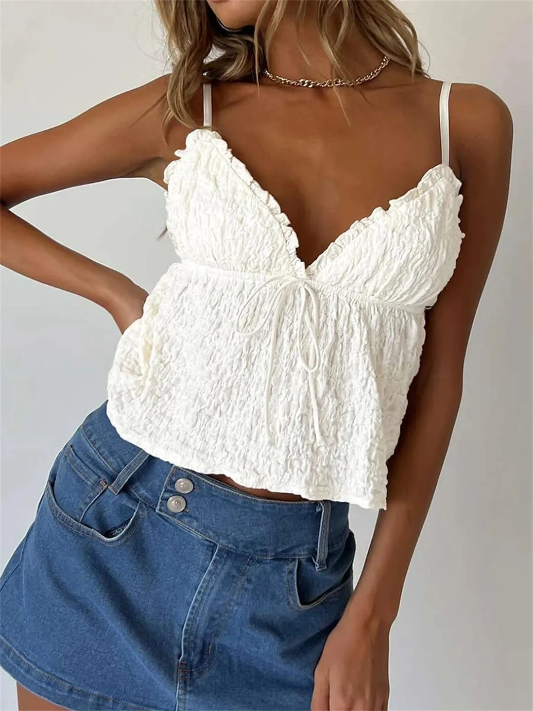 Women V Neck Camisole Solid Color Sleeveless Crop Tops