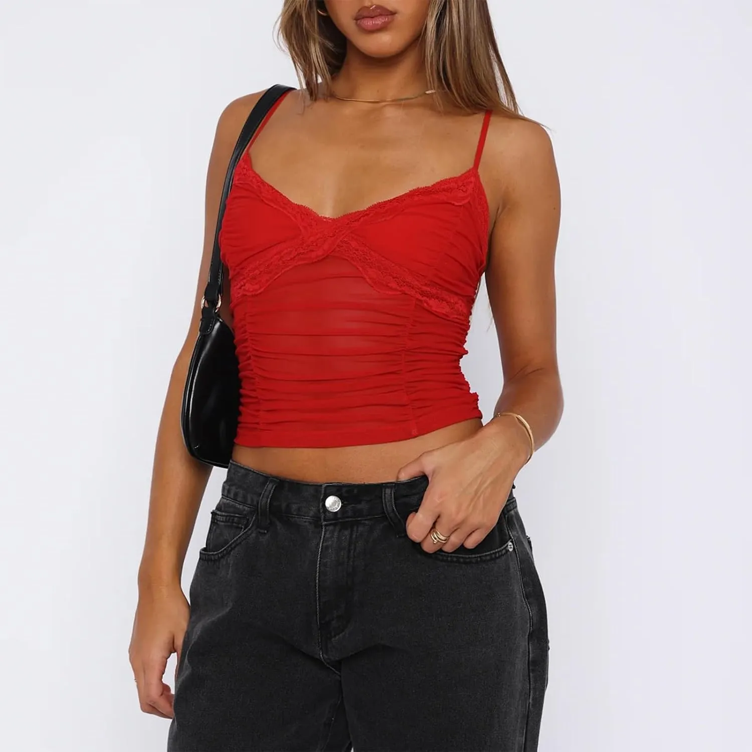 Women Y2K Camisole Spaghetti Strap Lace Trim Square Neck Tank Top Summer Basics Going Out Tops Streetwear