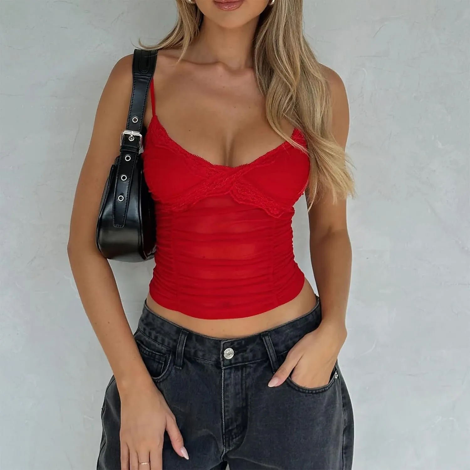 Women Y2K Camisole Spaghetti Strap Lace Trim Square Neck Tank Top Summer Basics Going Out Tops Streetwear