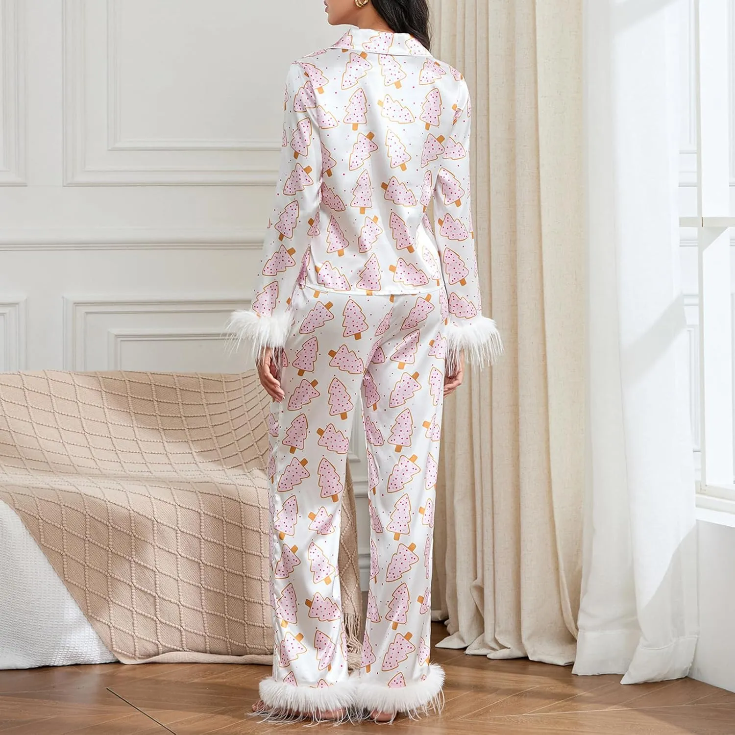 Women Y2K Christmas Pajama Set Silk Satin Long Sleeve Button Down Shirt   Pants 2 Piece Pj Set Sleepwear Loungewear