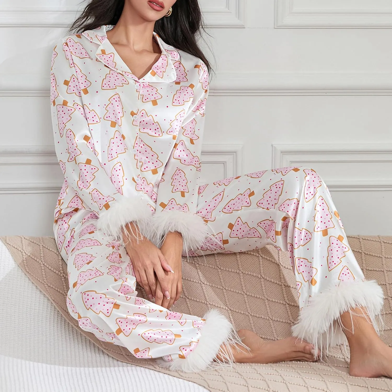 Women Y2K Christmas Pajama Set Silk Satin Long Sleeve Button Down Shirt   Pants 2 Piece Pj Set Sleepwear Loungewear