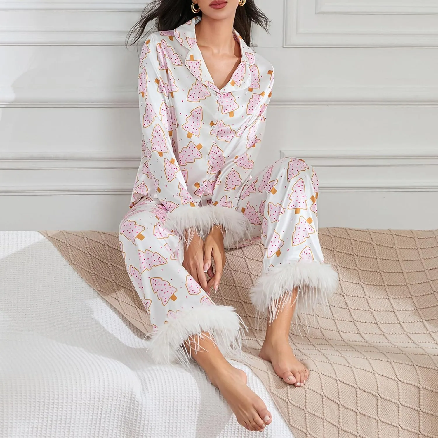 Women Y2K Christmas Pajama Set Silk Satin Long Sleeve Button Down Shirt   Pants 2 Piece Pj Set Sleepwear Loungewear