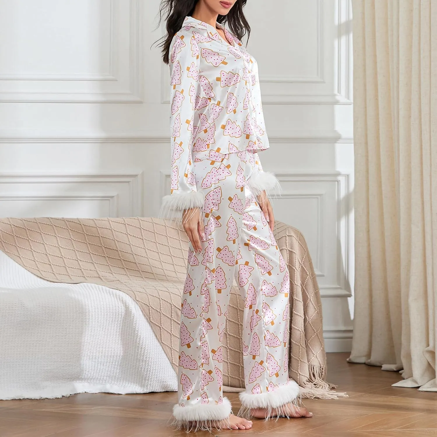 Women Y2K Christmas Pajama Set Silk Satin Long Sleeve Button Down Shirt   Pants 2 Piece Pj Set Sleepwear Loungewear