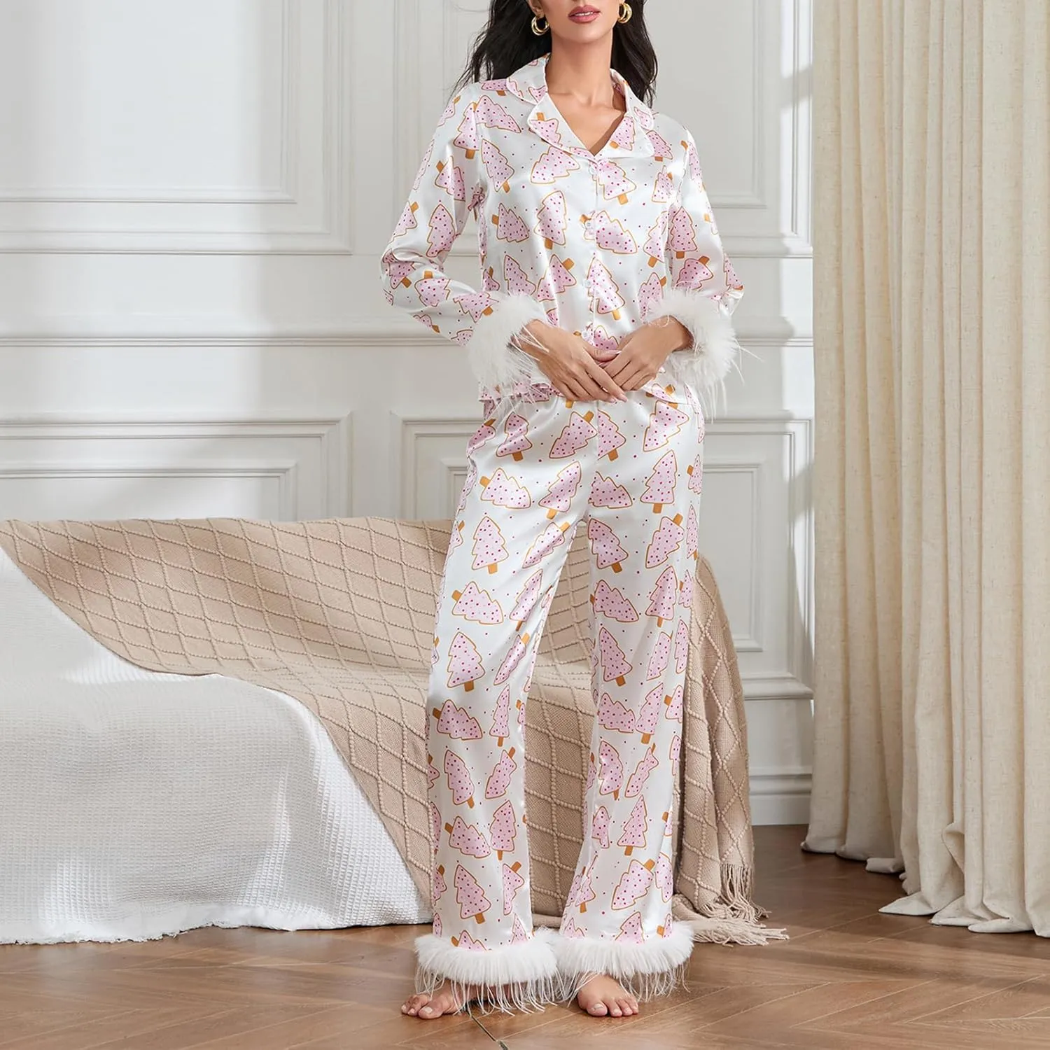 Women Y2K Christmas Pajama Set Silk Satin Long Sleeve Button Down Shirt   Pants 2 Piece Pj Set Sleepwear Loungewear