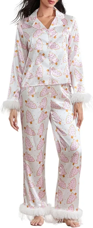 Women Y2K Christmas Pajama Set Silk Satin Long Sleeve Button Down Shirt   Pants 2 Piece Pj Set Sleepwear Loungewear