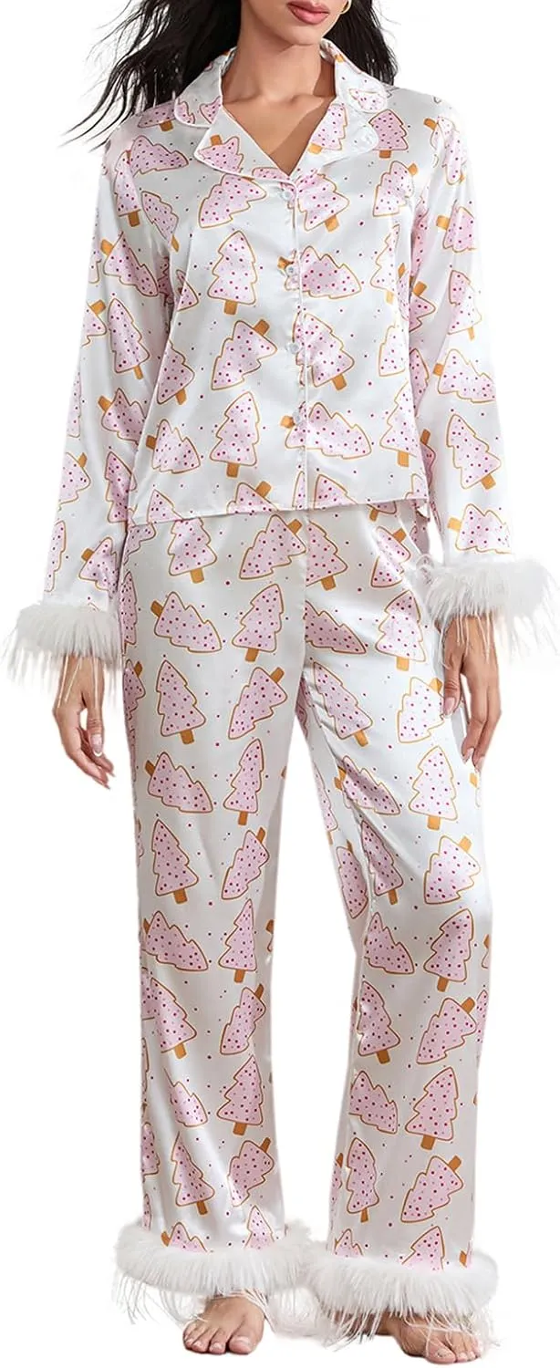 Women Y2K Christmas Pajama Set Silk Satin Long Sleeve Button Down Shirt   Pants 2 Piece Pj Set Sleepwear Loungewear