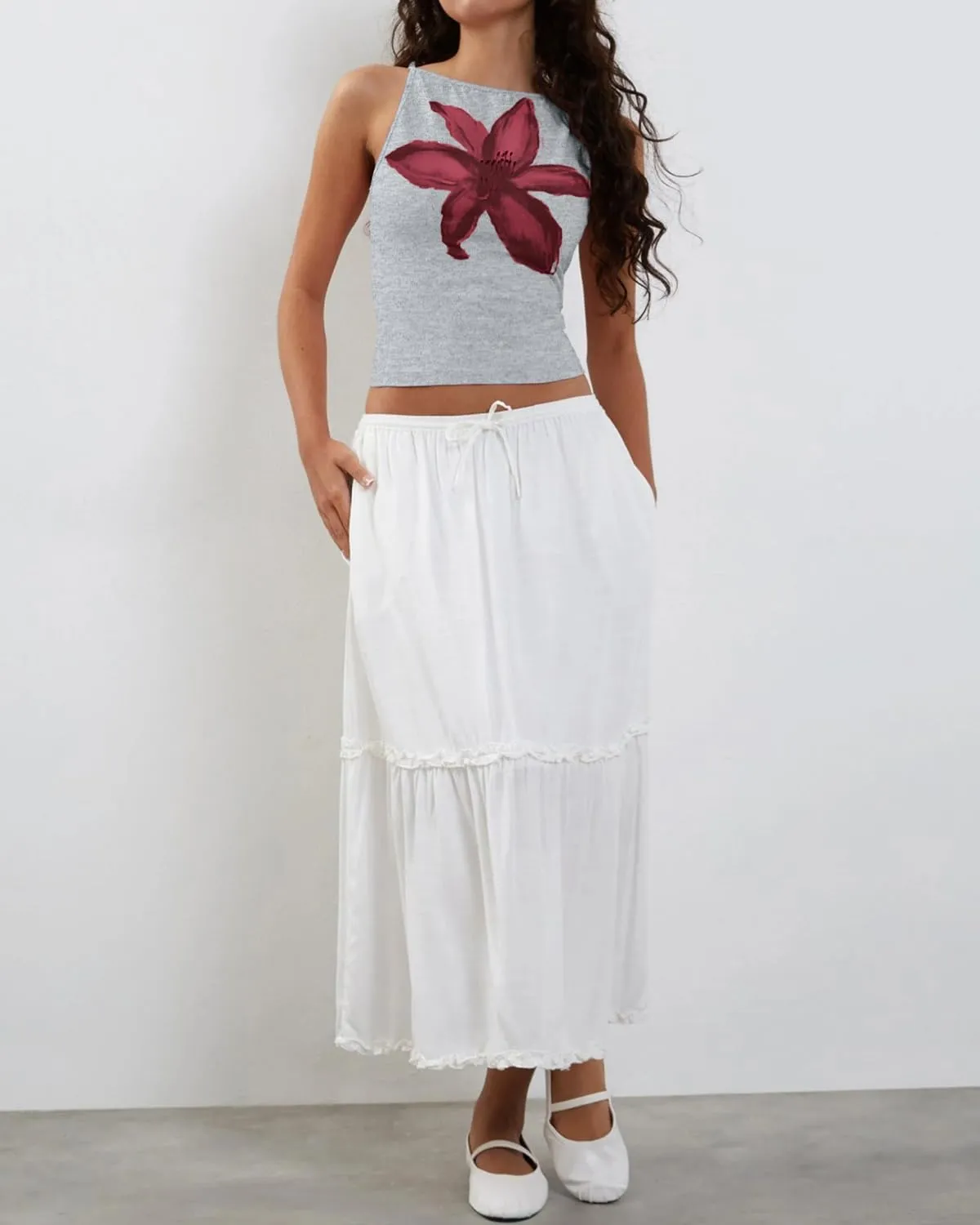 Women Y2k Floral Print Spaghetti Strap Crop Tank Tops Cute Boat Neck Tight Fitted Sleeveless Camisole Going Out