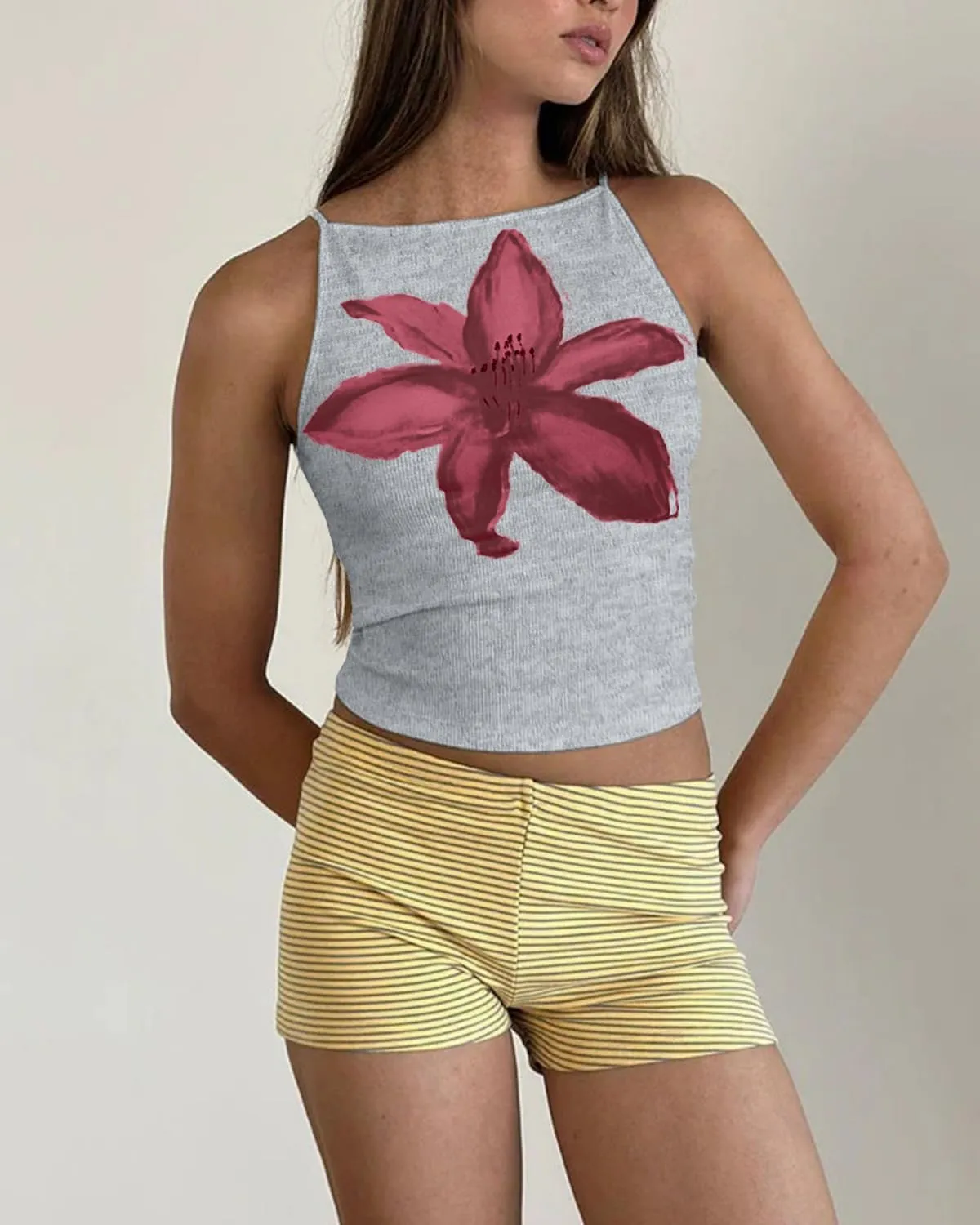 Women Y2k Floral Print Spaghetti Strap Crop Tank Tops Cute Boat Neck Tight Fitted Sleeveless Camisole Going Out