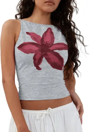 Women Y2k Floral Print Spaghetti Strap Crop Tank Tops Cute Boat Neck Tight Fitted Sleeveless Camisole Going Out