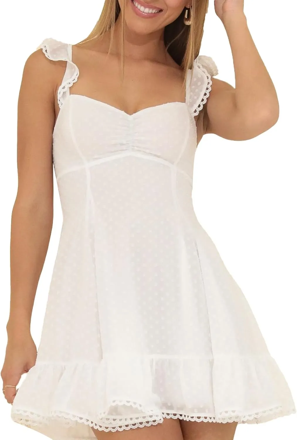Women Y2k Lace Mini Dress Ruffle Hem Tie Back A Line Short Dress Sleeveless Bodycon Fairy Party Clubwear