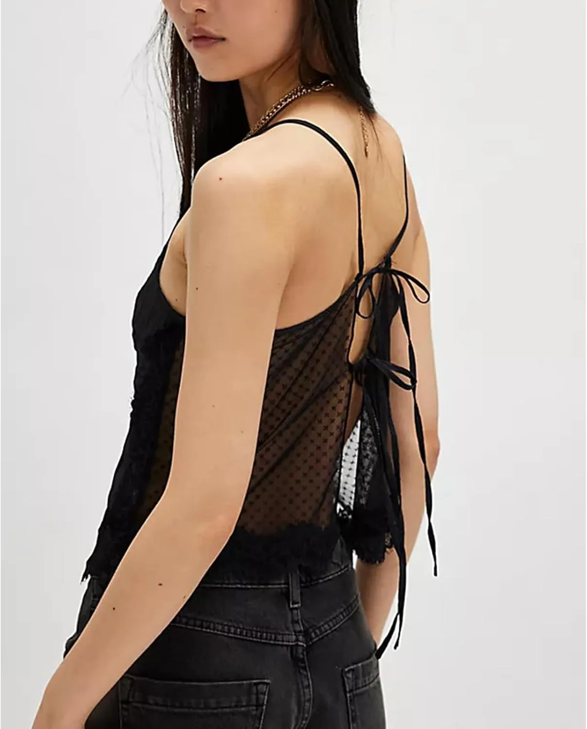 Women Y2K Retro Lace Cami Tops Sexy Backless Spaghetti Strap Low Cut Tanks Sheer Floral Lace Going Out Tops Summer