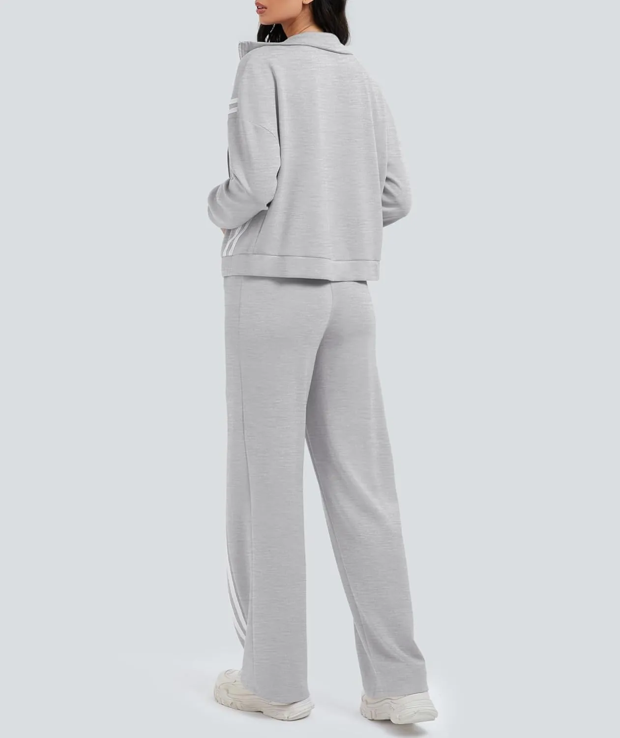 Women's 2 Piece Lounge Outfits Zip Up Sweat Set Contrast Striped Wide Leg Jogging Pants Travel Track Suit
