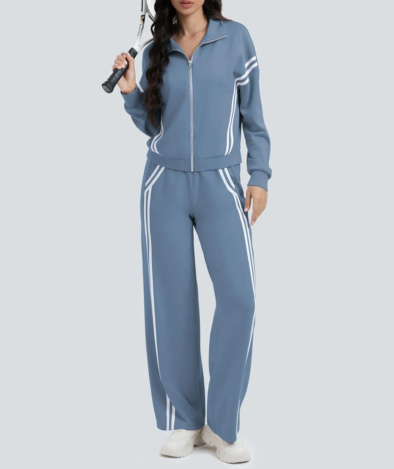 Women's 2 Piece Lounge Outfits Zip Up Sweat Set Contrast Striped Wide Leg Jogging Pants Travel Track Suit