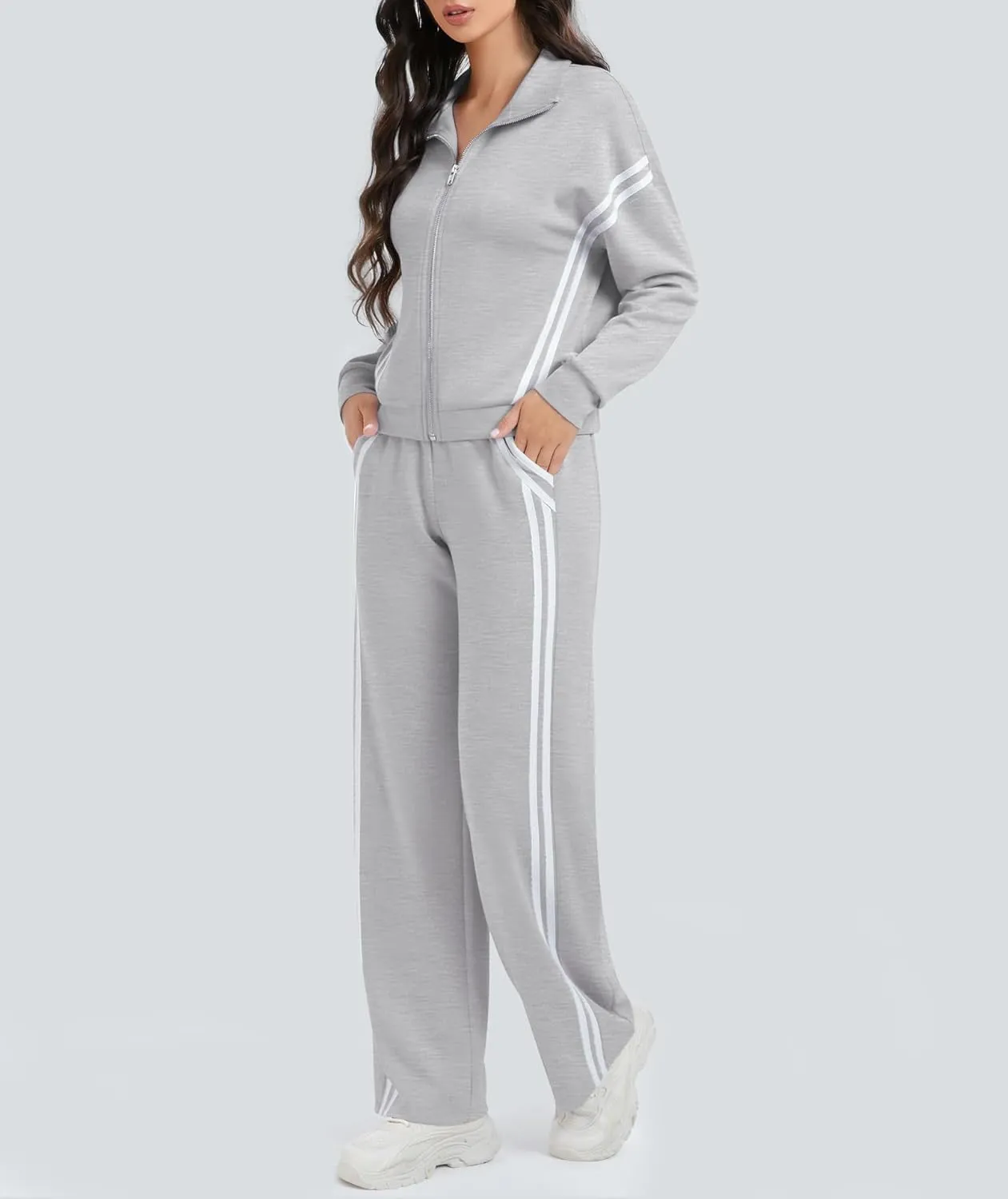 Women's 2 Piece Lounge Outfits Zip Up Sweat Set Contrast Striped Wide Leg Jogging Pants Travel Track Suit