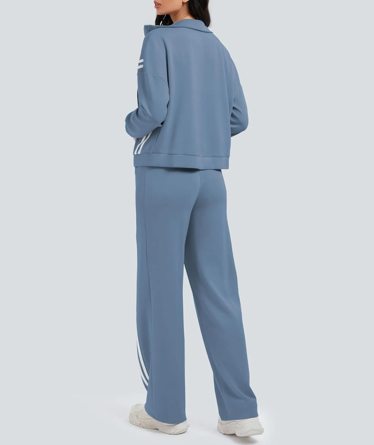 Women's 2 Piece Lounge Outfits Zip Up Sweat Set Contrast Striped Wide Leg Jogging Pants Travel Track Suit