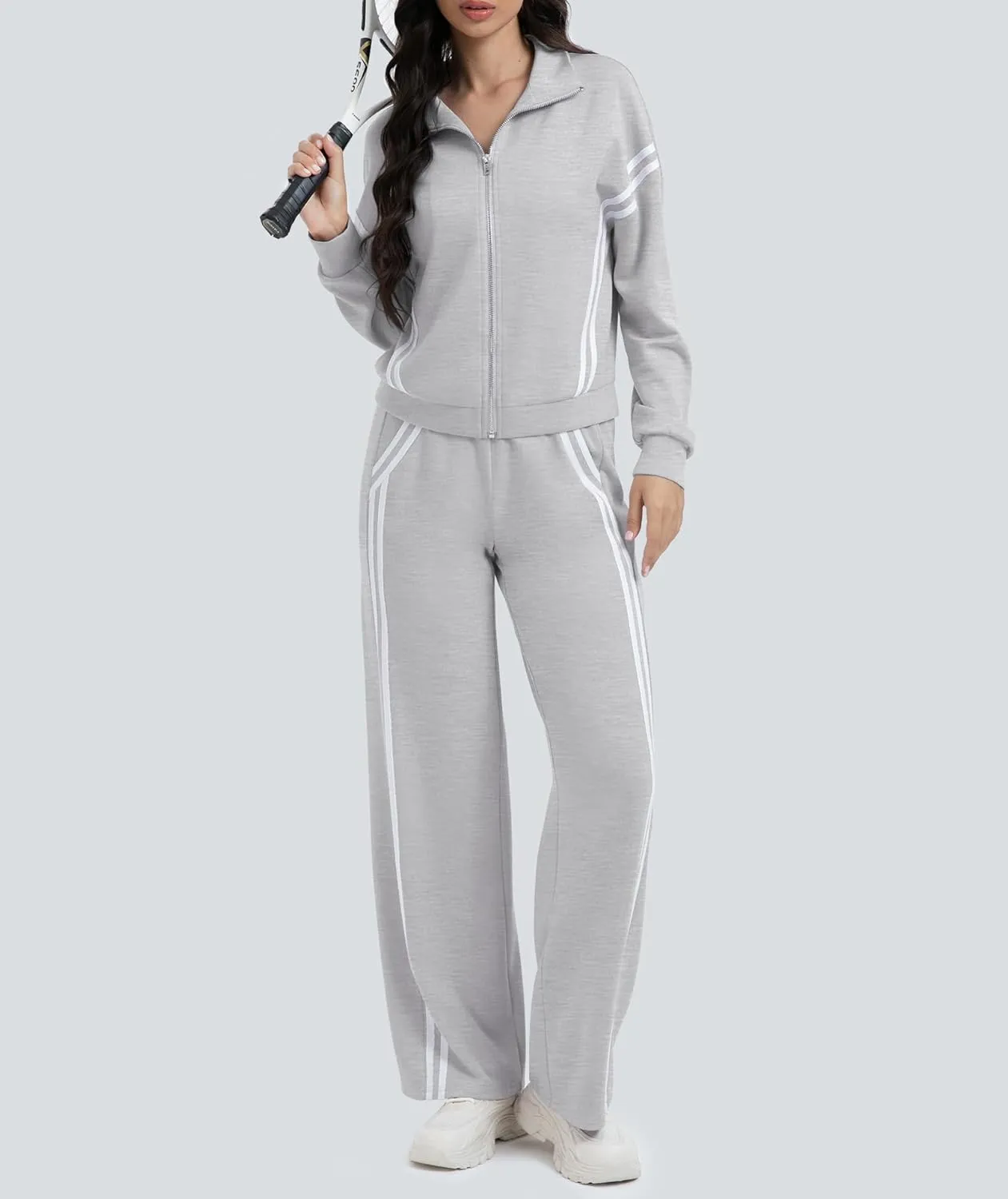 Women's 2 Piece Lounge Outfits Zip Up Sweat Set Contrast Striped Wide Leg Jogging Pants Travel Track Suit
