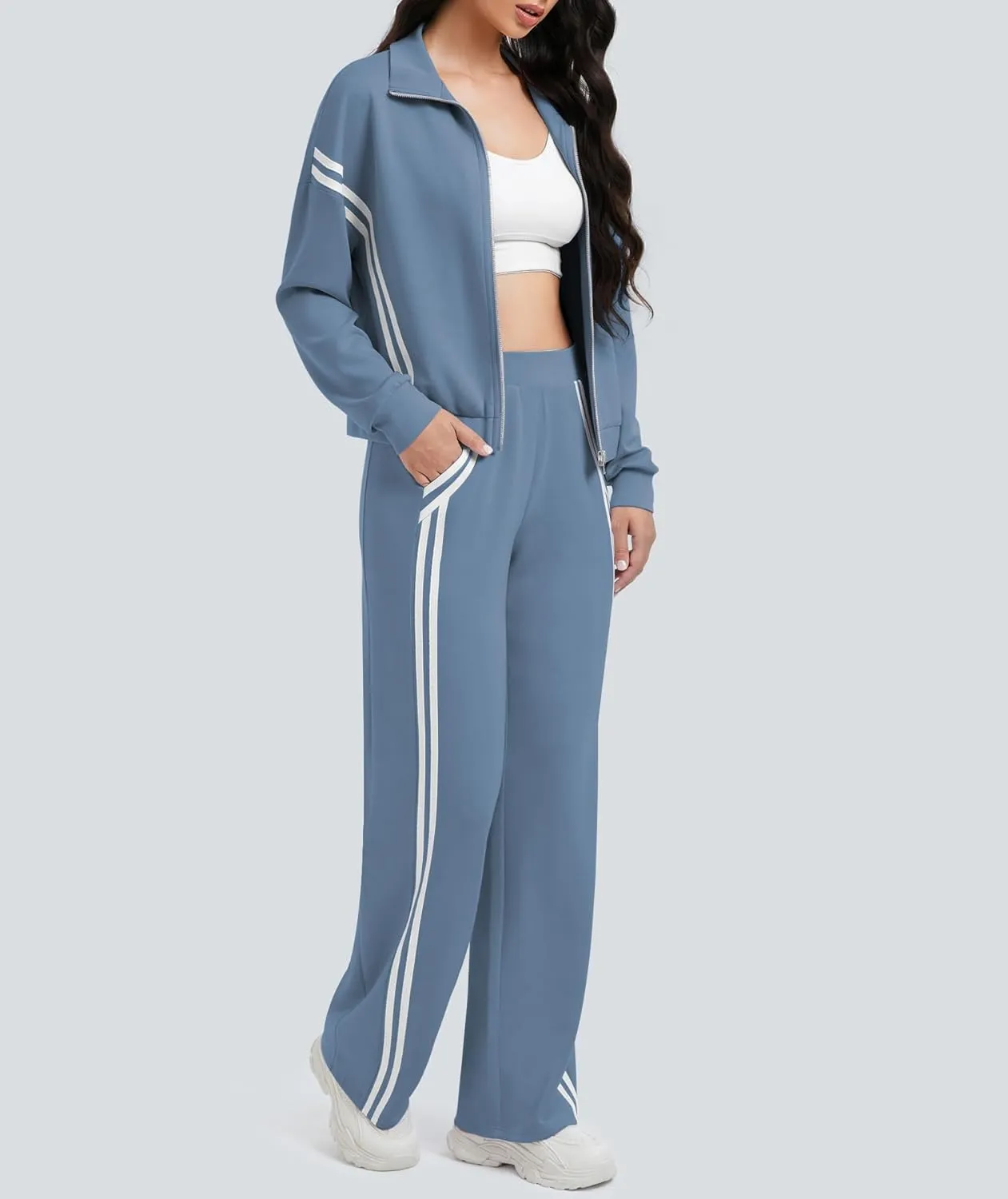 Women's 2 Piece Lounge Outfits Zip Up Sweat Set Contrast Striped Wide Leg Jogging Pants Travel Track Suit