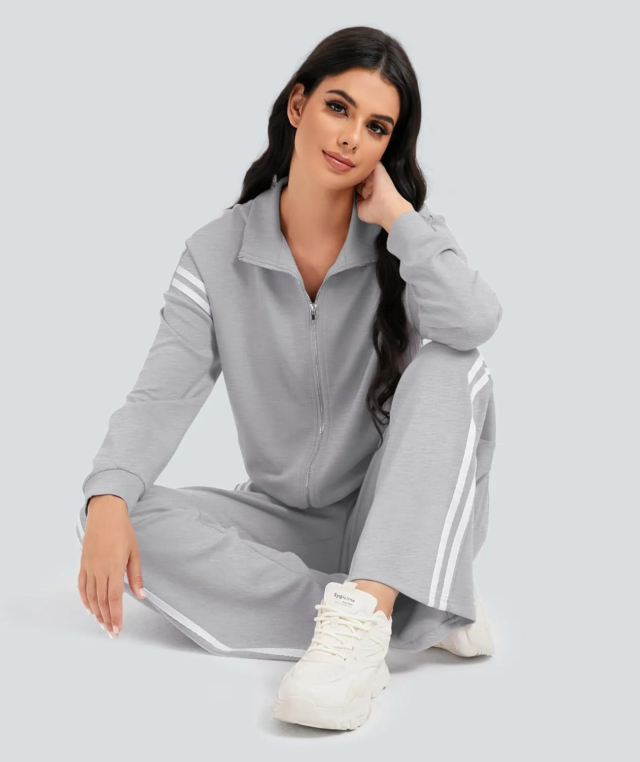Women's 2 Piece Lounge Outfits Zip Up Sweat Set Contrast Striped Wide Leg Jogging Pants Travel Track Suit