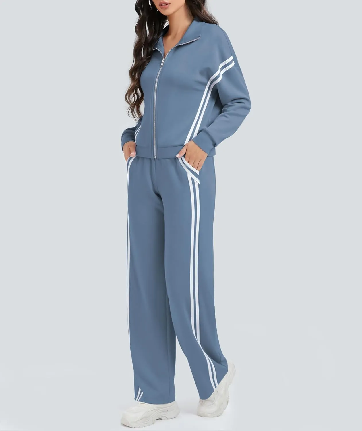 Women's 2 Piece Lounge Outfits Zip Up Sweat Set Contrast Striped Wide Leg Jogging Pants Travel Track Suit