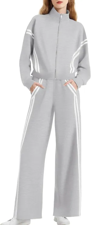 Women's 2 Piece Lounge Outfits Zip Up Sweat Set Contrast Striped Wide Leg Jogging Pants Travel Track Suit