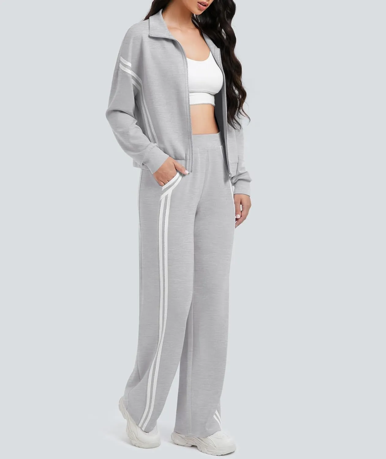 Women's 2 Piece Lounge Outfits Zip Up Sweat Set Contrast Striped Wide Leg Jogging Pants Travel Track Suit