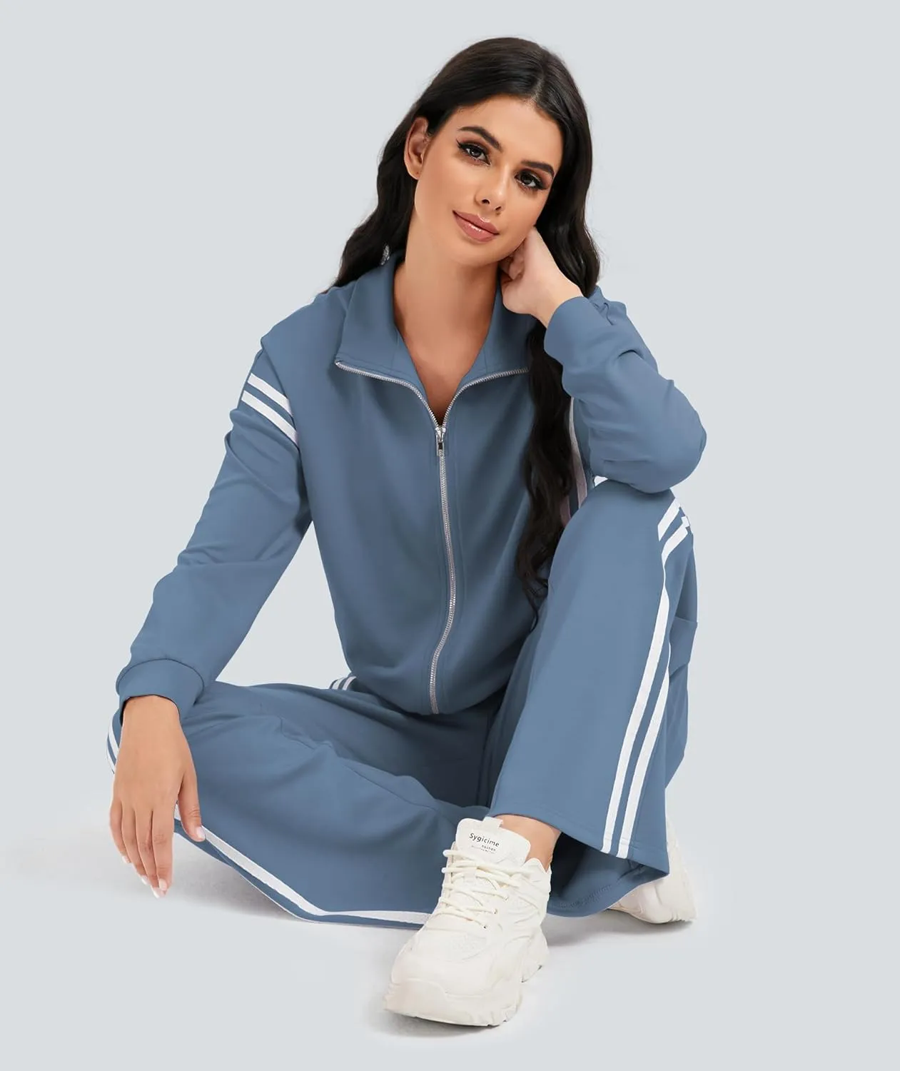 Women's 2 Piece Lounge Outfits Zip Up Sweat Set Contrast Striped Wide Leg Jogging Pants Travel Track Suit