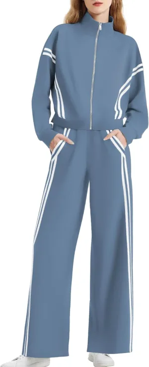Women's 2 Piece Lounge Outfits Zip Up Sweat Set Contrast Striped Wide Leg Jogging Pants Travel Track Suit
