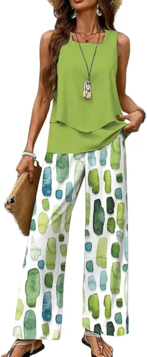 Women's 2 Piece Sets 2025 Spring Summer Outfits Sleeveless Print Wide Leg Pants Sweat Sets Trendy Lounge Tracksuits