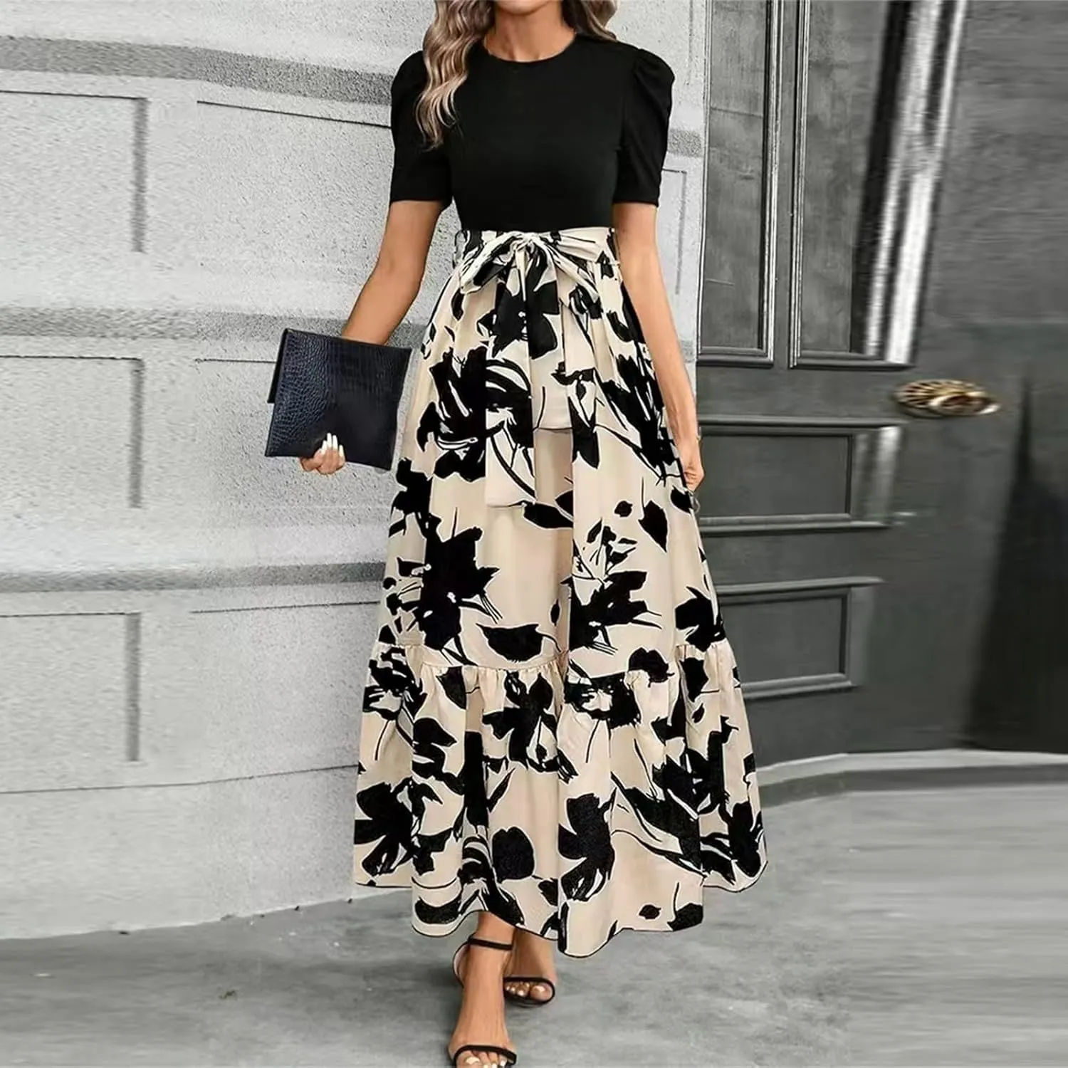 Womens 2025 Floral Printed Maxi Dress Casual Long Flowy Dresses Ruffle Short Sleeve Summer Dresses with Pockets