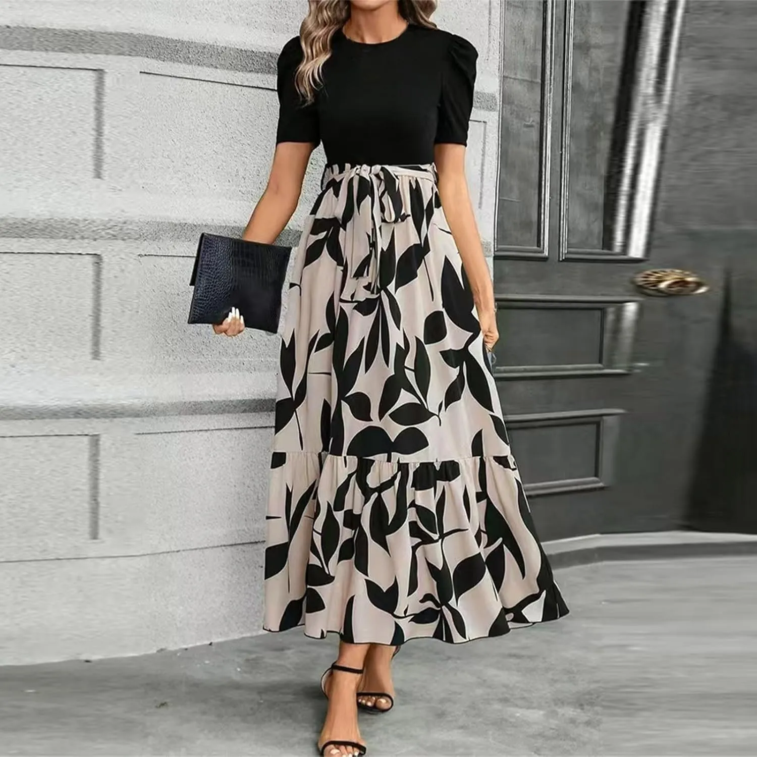 Womens 2025 Floral Printed Maxi Dress Casual Long Flowy Dresses Ruffle Short Sleeve Summer Dresses with Pockets